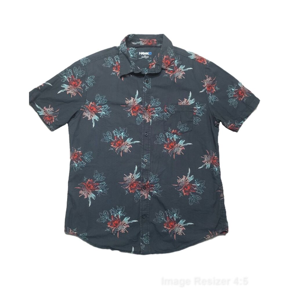 Tony Hawk Shirt Mens XL Button Up Short Sleeve Pocket Black Floral Cotton